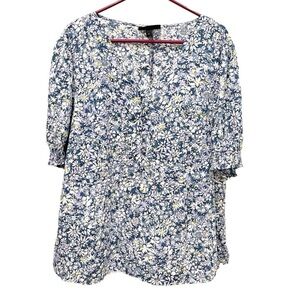 Lane Bryant Top Women's 24 Ditsy Floral Blue & White Button Puff Sleeve NWT